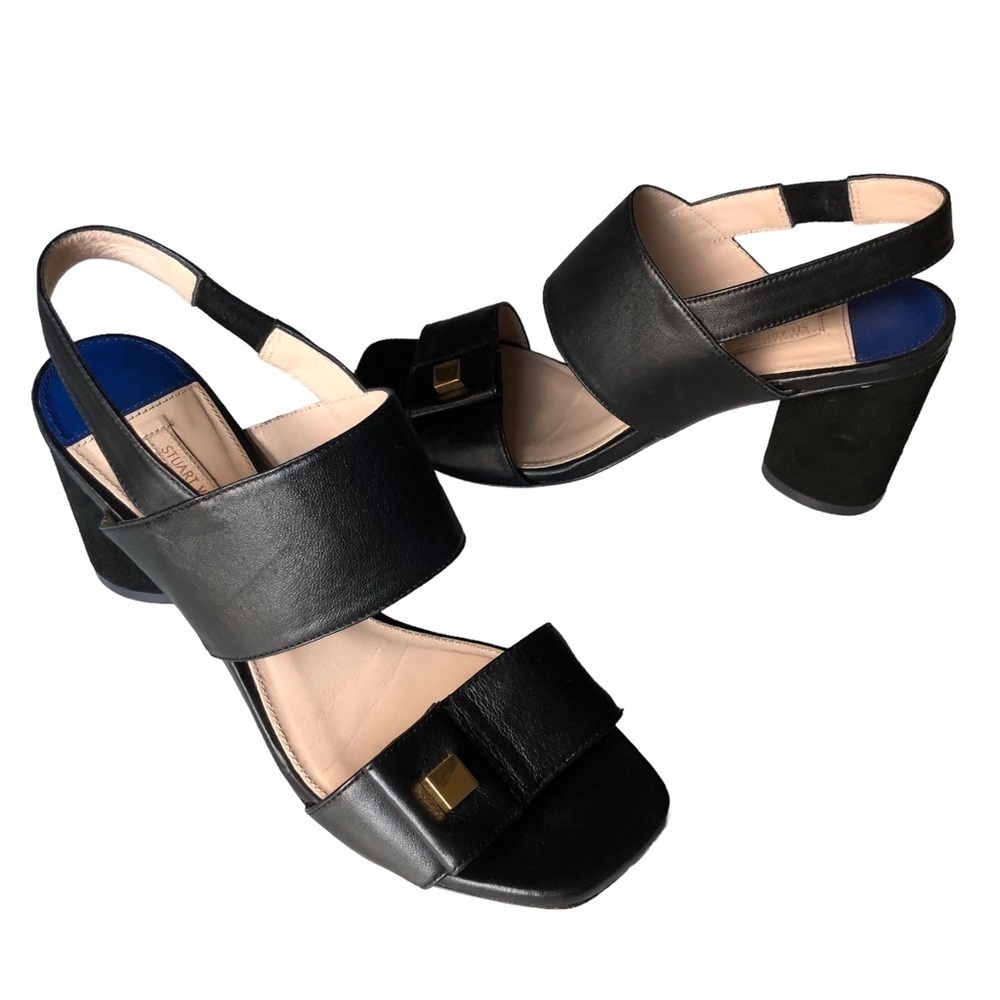 Stuart Weitzman Black Leather Slingback Round Suede Heel Sandal Size 7.5